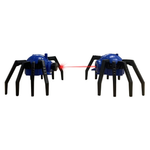 Two blue and black robotic spider toys facing each other with red laser beam between them