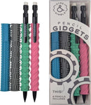 Gyre and Gimble Pencil Gidgets set with four textured silicone sleeves and two mechanical pencils in blue, gray, green, an...