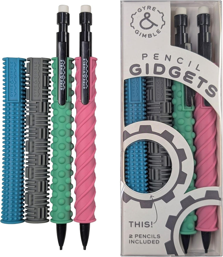 Gyre and Gimble Pencil Gidgets set with four textured silicone sleeves and two mechanical pencils in blue, gray, green, an...