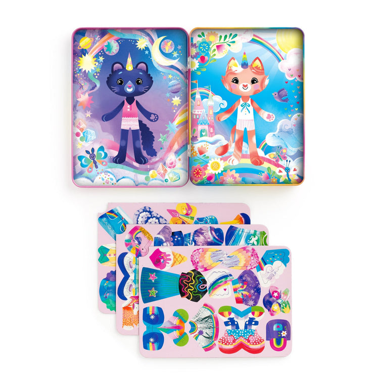 Cat-icorn Magnetic Dress-Up tin set open showing two fantasy cat characters with colorful magnetic clothing pieces