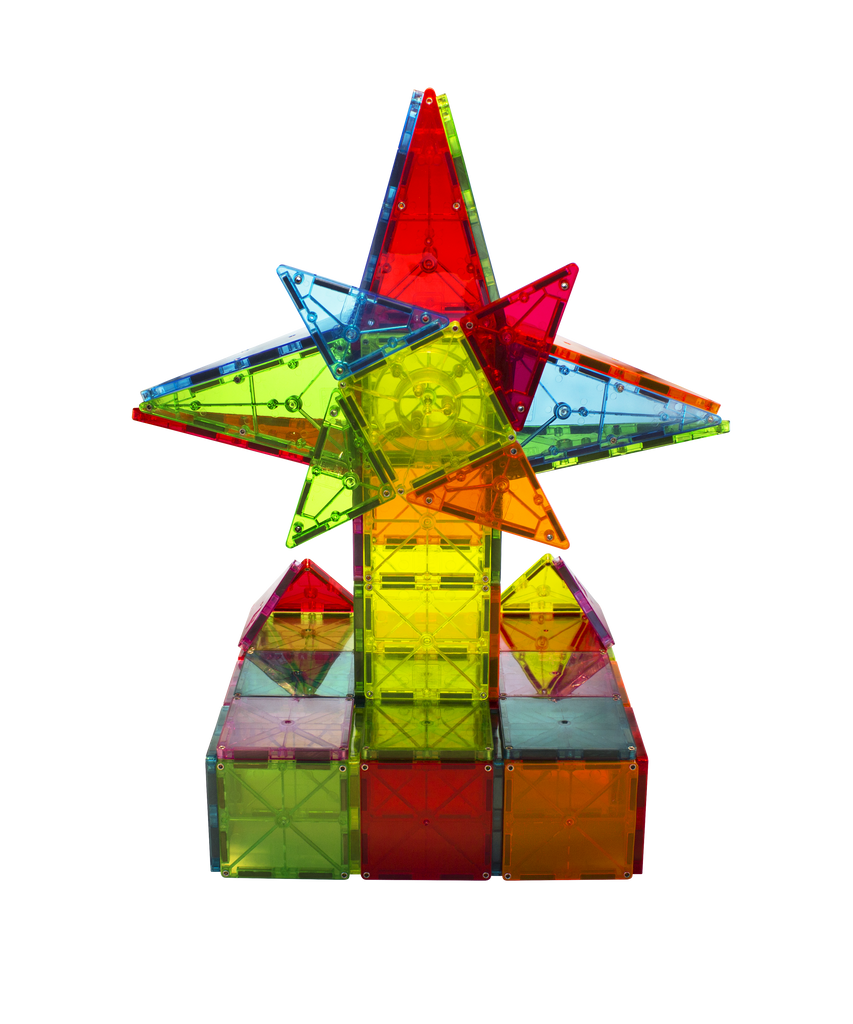 Colorful Magna-Tiles Metropolis set built into a star and tower shape on black background