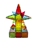 Colorful Magna-Tiles Metropolis set built into a star and tower shape on black background
