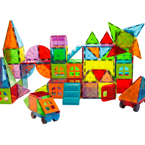 Magna-Tiles Metropolis 110-piece magnetic building set box with colorful tile structures displayed