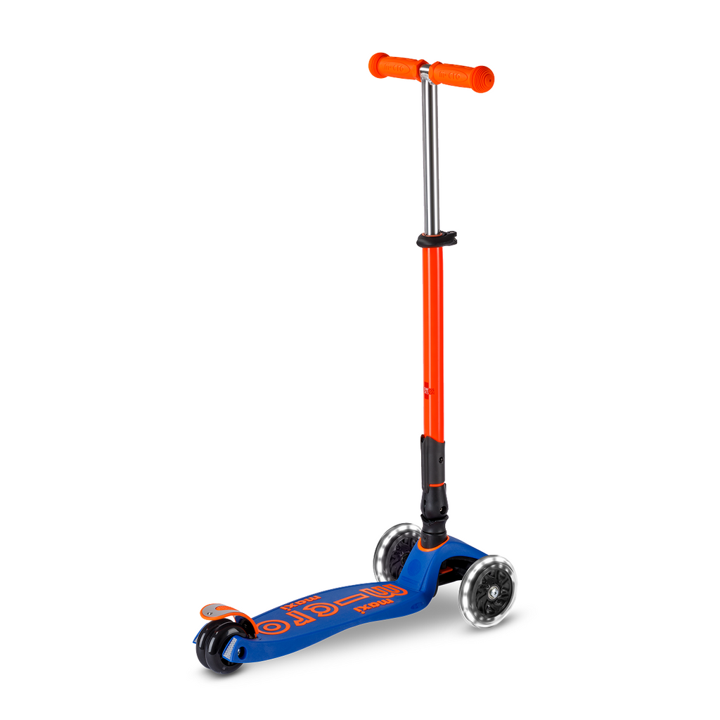 Micro Maxi foldable three-wheel LED scooter in navy blue with neon orange handlebar for kids