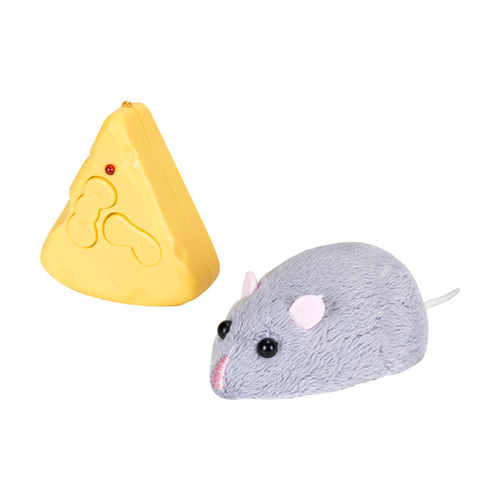 Remote-controlled plush gray mouse toy with yellow cheese-shaped RC controller on white background