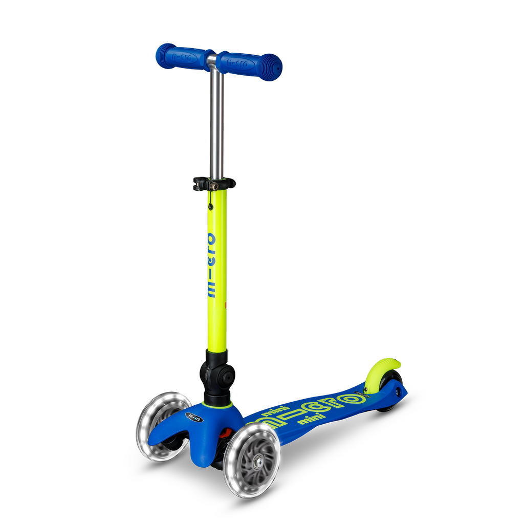 Micro Mini Deluxe three-wheel LED scooter in neon yellow and blue for toddlers