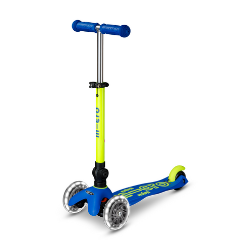 Micro Mini Deluxe three-wheel LED scooter in neon yellow and blue for toddlers