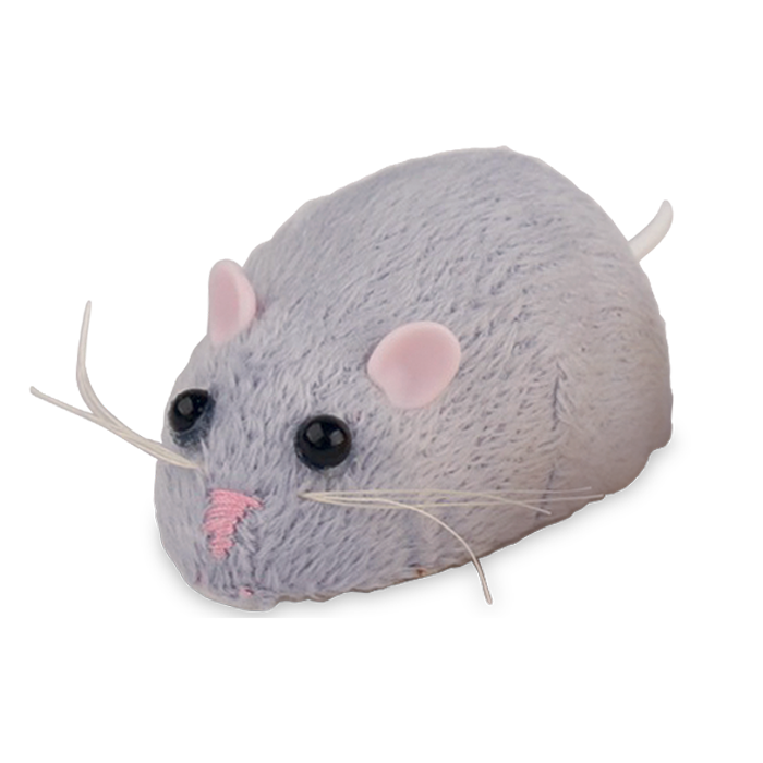 Gray fluffy RC Meddling Mouse toy with pink ears, black eyes, and whiskers
