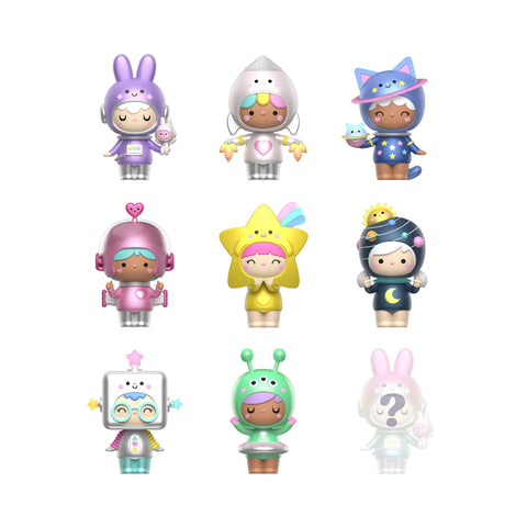 Momiji Out of This World purple astronaut bunny message doll beside its blind box packaging