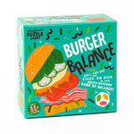 Professor Puzzle Burger Balance stacking game box featuring colorful illustrated burger on teal background