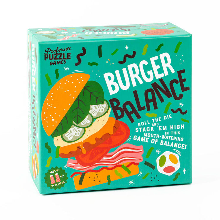 Professor Puzzle Burger Balance stacking game box featuring colorful illustrated burger on teal background