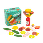 Burger Balance stacking game with wooden food pieces, ketchup bottle base, and game box