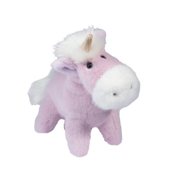 Purple plush unicorn stuffed animal with white mane, horn, and soft muzzle, standing pose