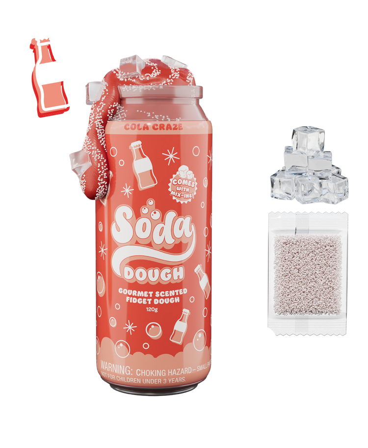 Soda Dough Cola Craze scented fidget dough in red soda can with mix-in beads