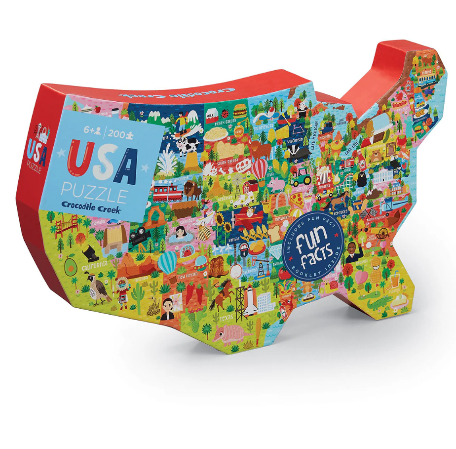 Crocodile Creek 200-piece USA shaped puzzle box featuring colorful illustrated map of America