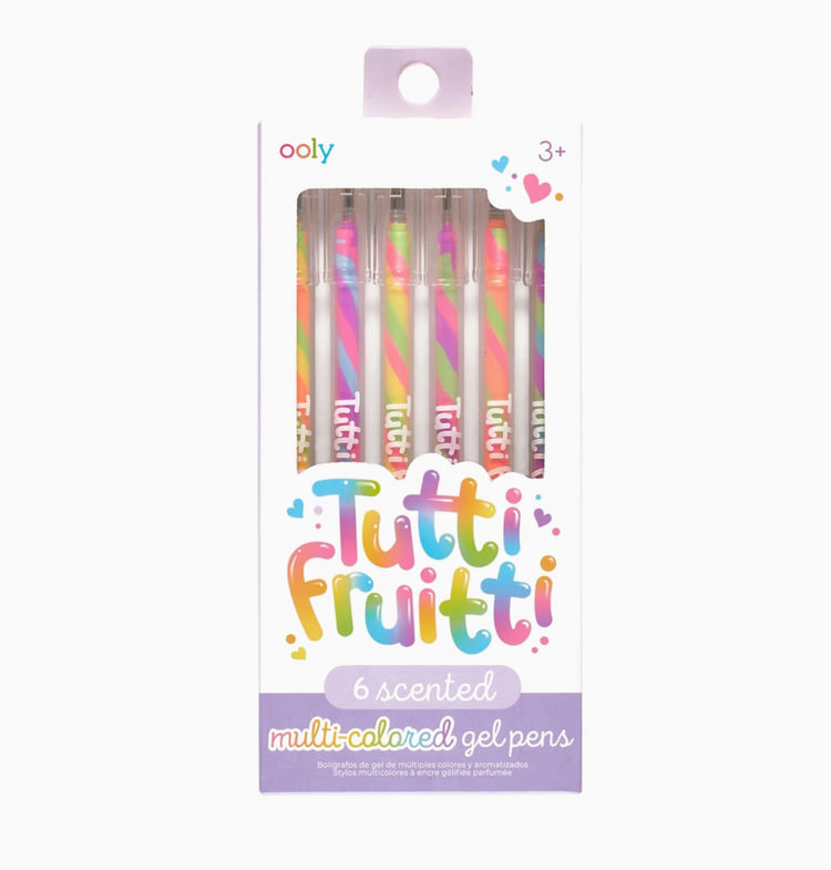 OOLY Tutti Fruitti 6 scented multi-colored gel pens in rainbow pastel packaging for ages 3+