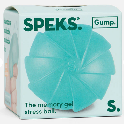 Speks memory gel stress ball packaging with a light blue background