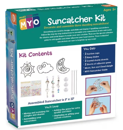 Make Your Own Suncatcher Kit box showing moon, sun, and cloud designs for ages 5 plus