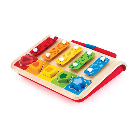 Hape Shape Sorter Xylophone wooden toy with colorful bars, shape blocks, and mallet
