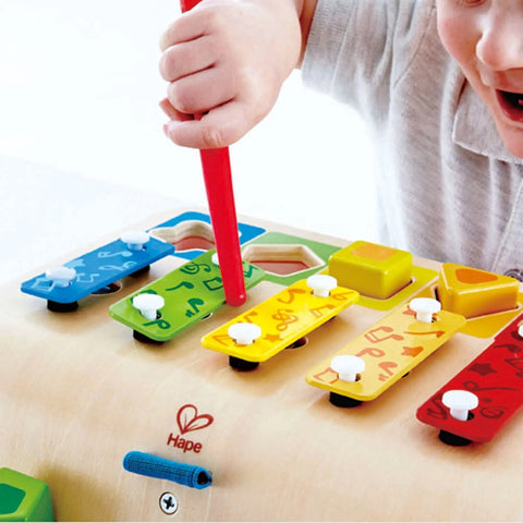 Hape Shape Sorter Xylophone wooden toy with colorful bars, shape blocks, and mallet