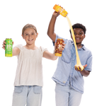 Two children holding Soda Dough cans while yellow slime pours from an orange can