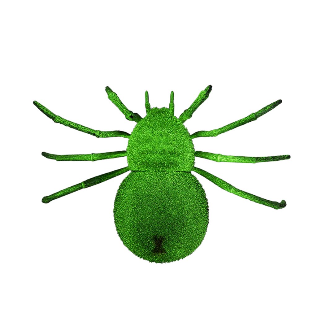 Green glow-in-the-dark realistic toy spider with eight legs on transparent background