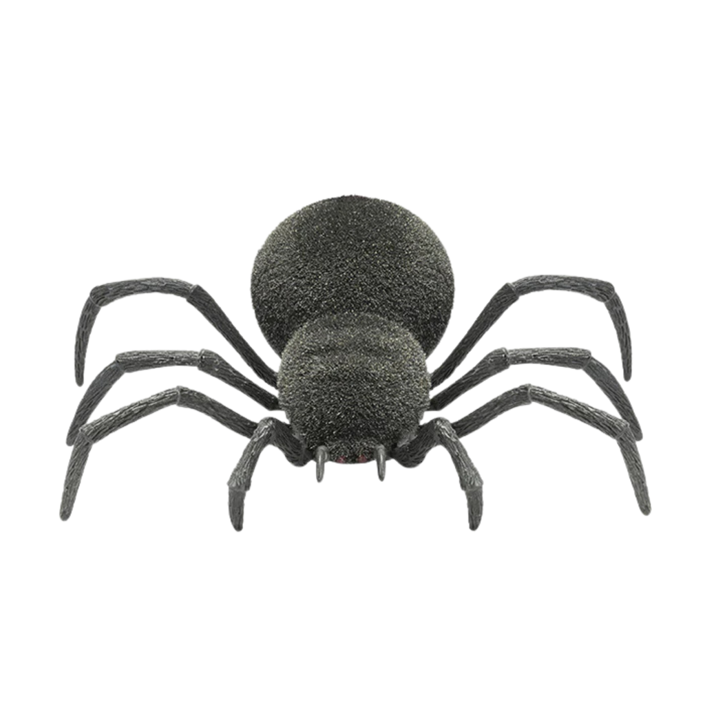 Realistic dark gray remote control spider toy with eight textured legs on transparent background