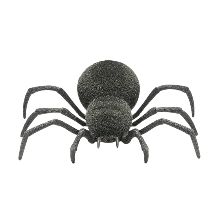 Realistic dark gray remote control spider toy with eight textured legs on transparent background