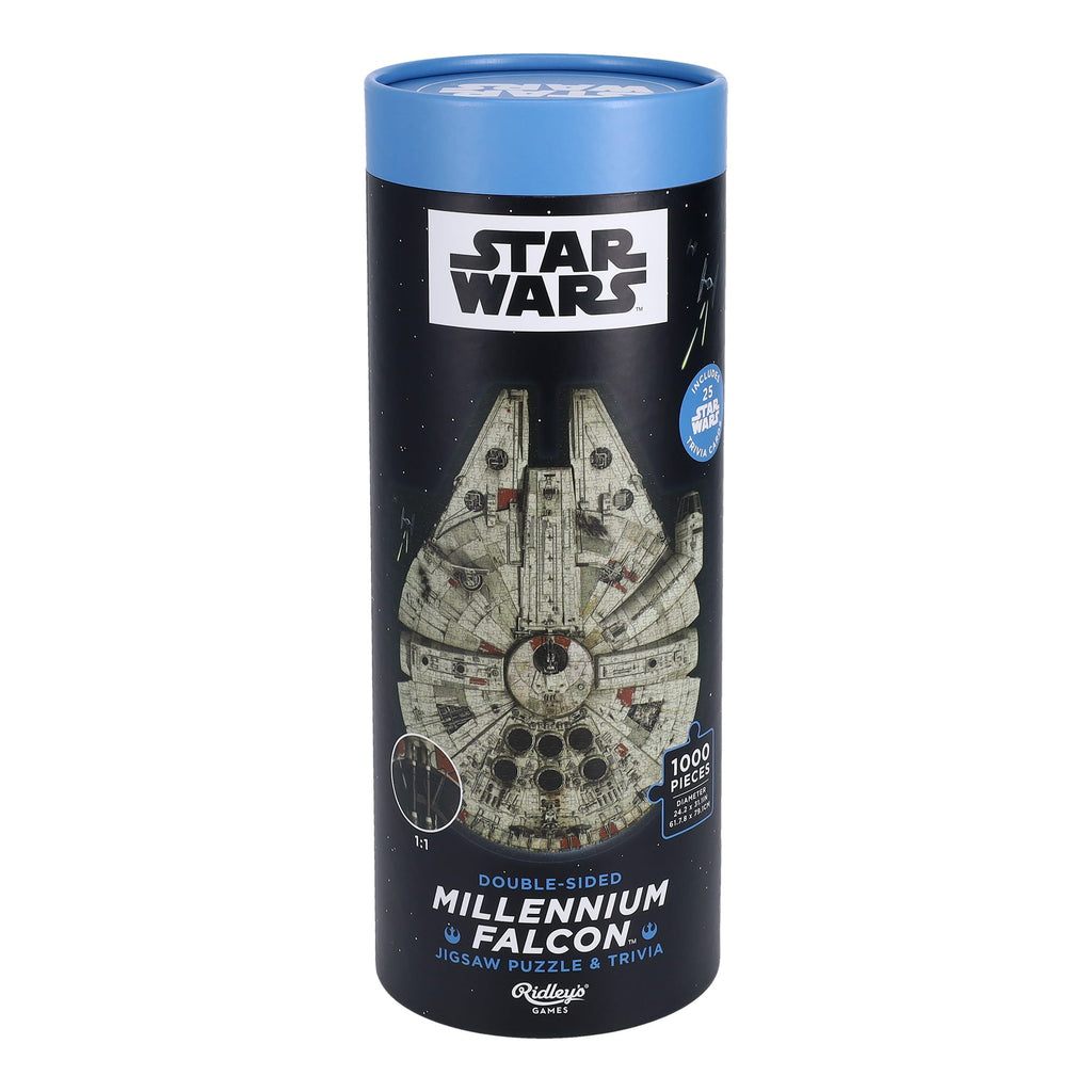 Star Wars Millennium Falcon 1000-piece double-sided jigsaw puzzle and trivia in cylindrical tube packaging