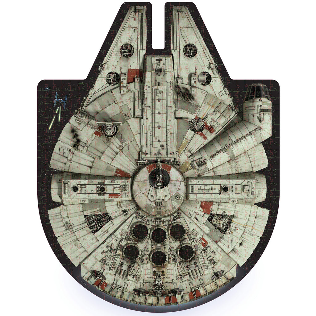 Completed 1000-piece Star Wars Millennium Falcon shaped jigsaw puzzle on white background