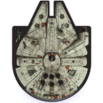 Completed 1000-piece Star Wars Millennium Falcon shaped jigsaw puzzle on white background