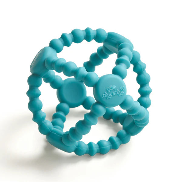 Itzy Ritzy Bitzy Ball silicone teether in teal with beaded rings and circular connectors