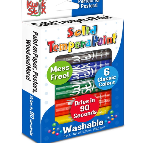 Kwik Stix Solid Tempera Paint sticks set of 6 classic colors, mess-free and washable.