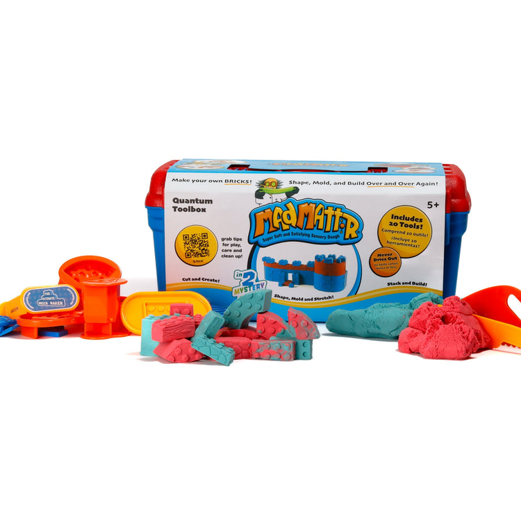 Mad Mattr Quantum Toolbox set with blue red case, orange tools, and colorful sensory dough bricks