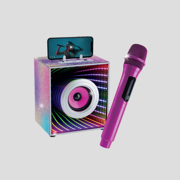 Pink karaoke speaker with infinity LED lights, phone holder, and matching wireless microphone