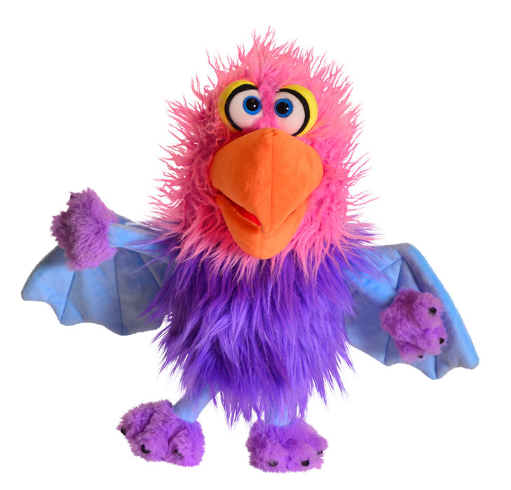 Living Puppets Sheri 13-inch pink and purple bird hand puppet with bat wings and orange beak