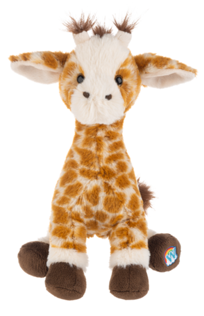 Webkinz Next Northern Giraffe plush toy with brown spots, dark hooves, and rainbow logo tag