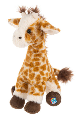 Webkinz Next Northern Giraffe plush toy with brown spots, dark hooves, and rainbow logo tag