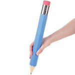 Hand holding an oversized blue pencil with pink eraser on white background