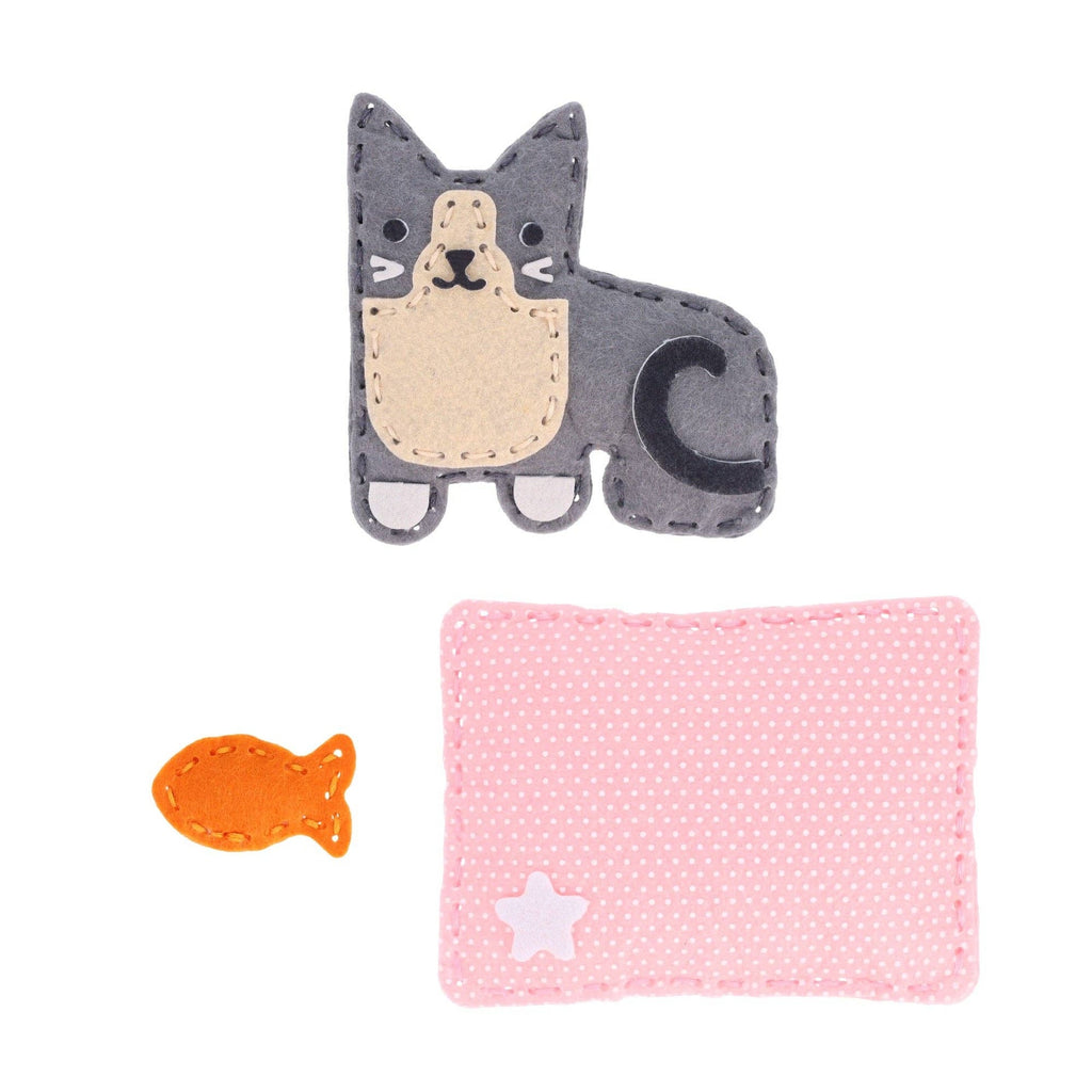 Felt mini craft kit with gray kitten, orange fish, and pink polka dot cushion pieces