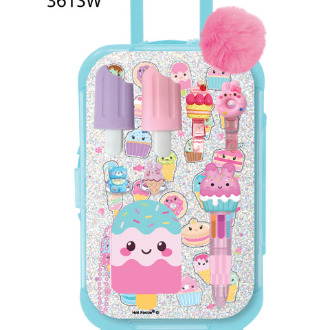 Hot Focus mini stationery luggage set with sweet ice cream kawaii characters and pink pom-pom charm