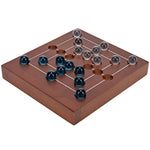 Nine Men's Morris wooden travel game board with blue and clear glass marbles arranged on grid