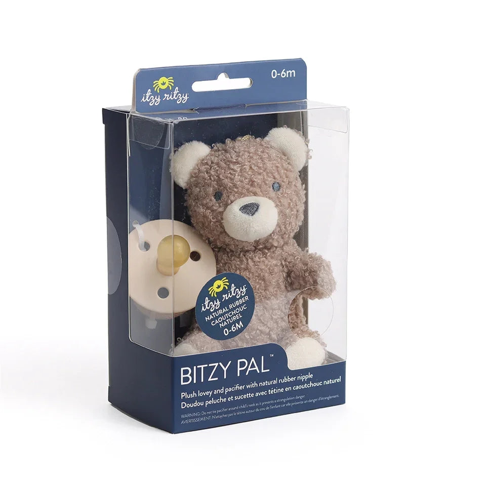 Itzy Ritzy Bitzy Pal brown bear plush lovey with natural rubber pacifier in packaging