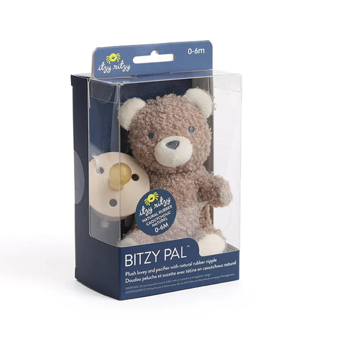 Itzy Ritzy Bitzy Pal brown bear plush lovey with natural rubber pacifier in packaging