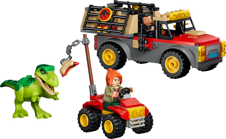 LEGO Jurassic World Young T-Rex Transport set with truck, ATV, two minifigures, and green dinosaur