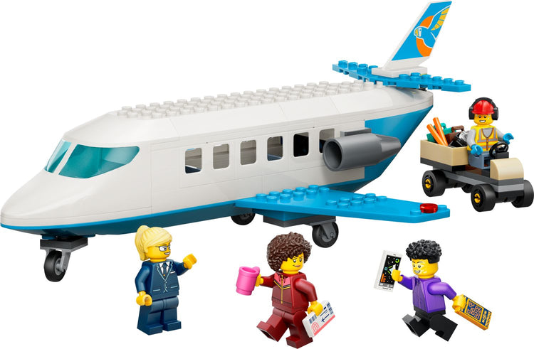 LEGO City Passenger Jet set with white and blue airplane and four minifigures on white background