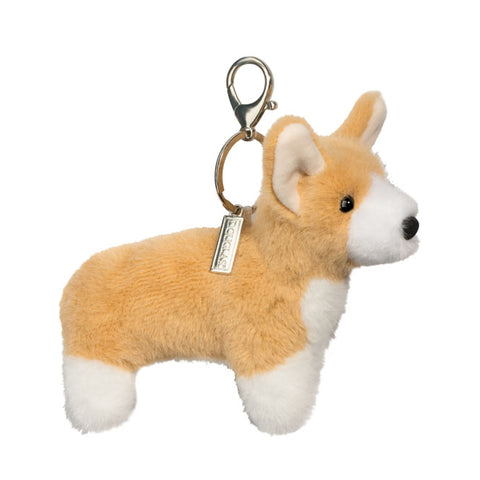 Miniature plush Corgi dog bag charm with silver lobster clasp and Douglas brand tag