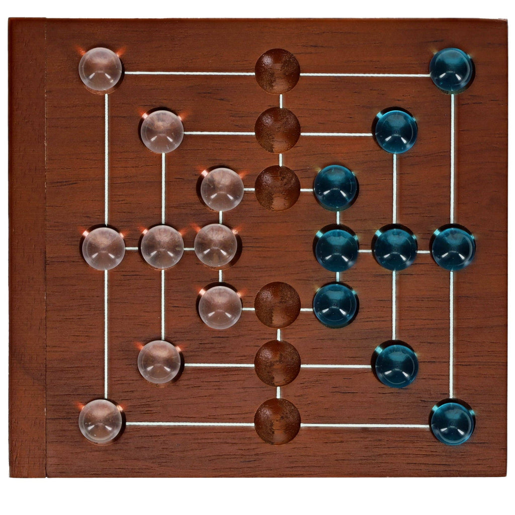 Nine Men's Morris wooden travel game board with clear and blue glass marbles on intersecting lines
