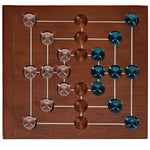 Nine Men's Morris wooden travel game board with clear and blue glass marbles on intersecting lines