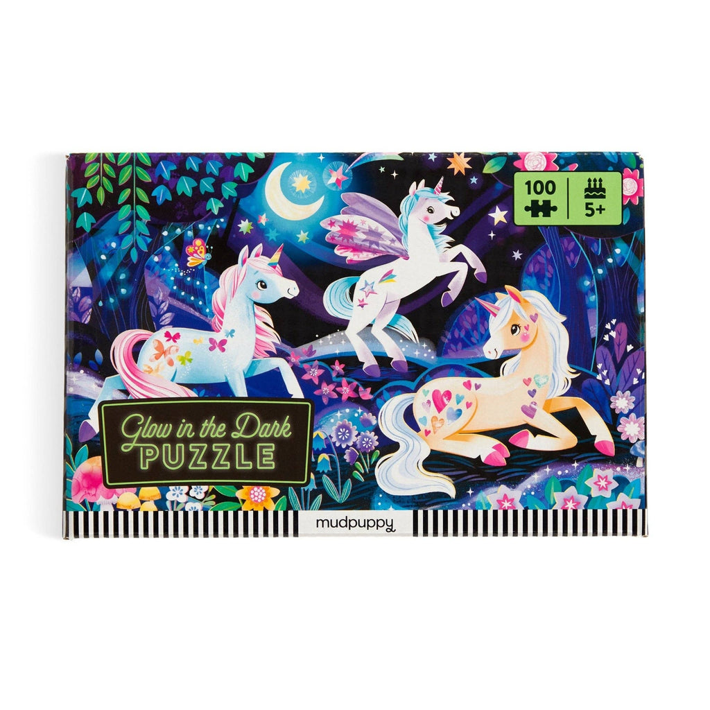 Mudpuppy 100-piece glow in the dark unicorn dreams puzzle box with three magical unicorns